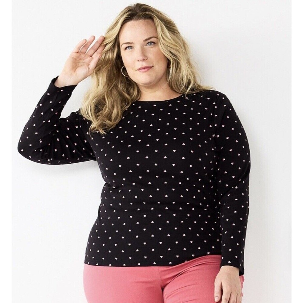 Croft & Barrow The Classic Tee Black Crew-neck TOP Women's PL, PXS, PS HEARTS